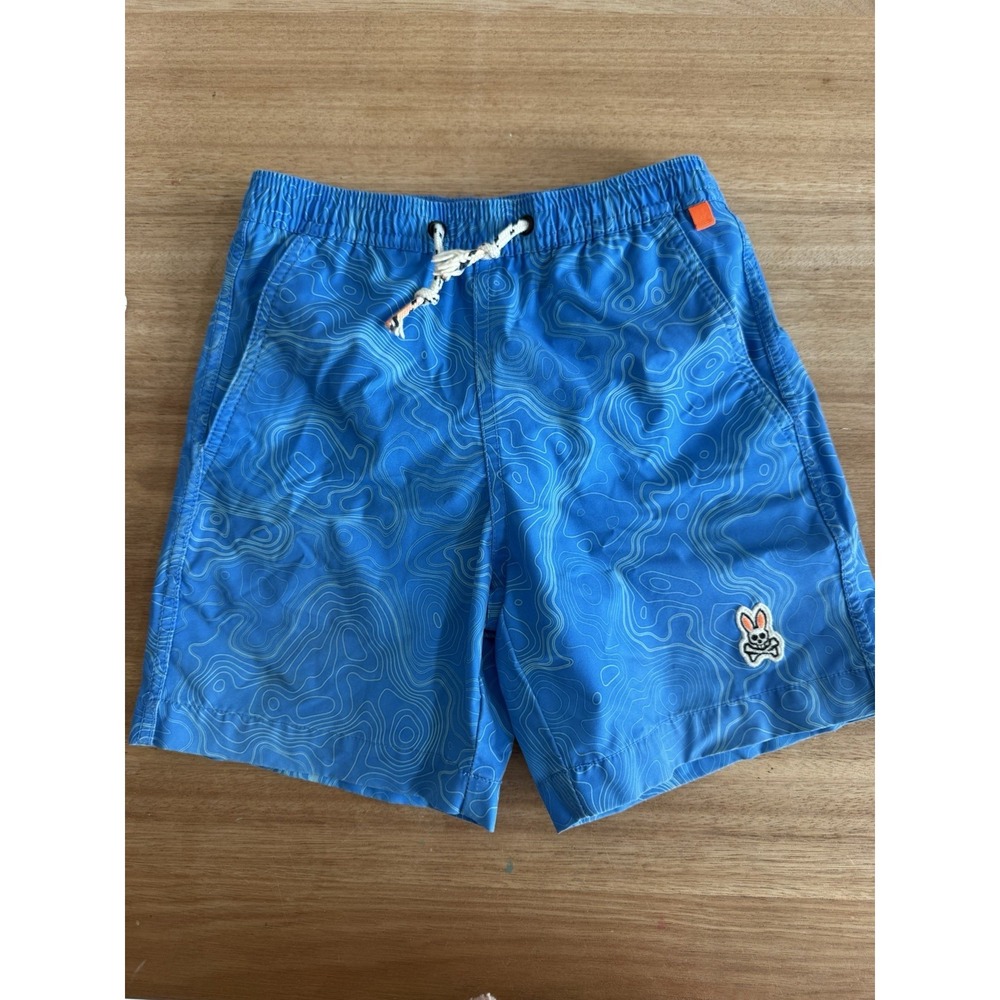 Psycho Bunny Boys Swim Trunks Size 5/6 Blue Topographic Print Mesh Lined Shorts